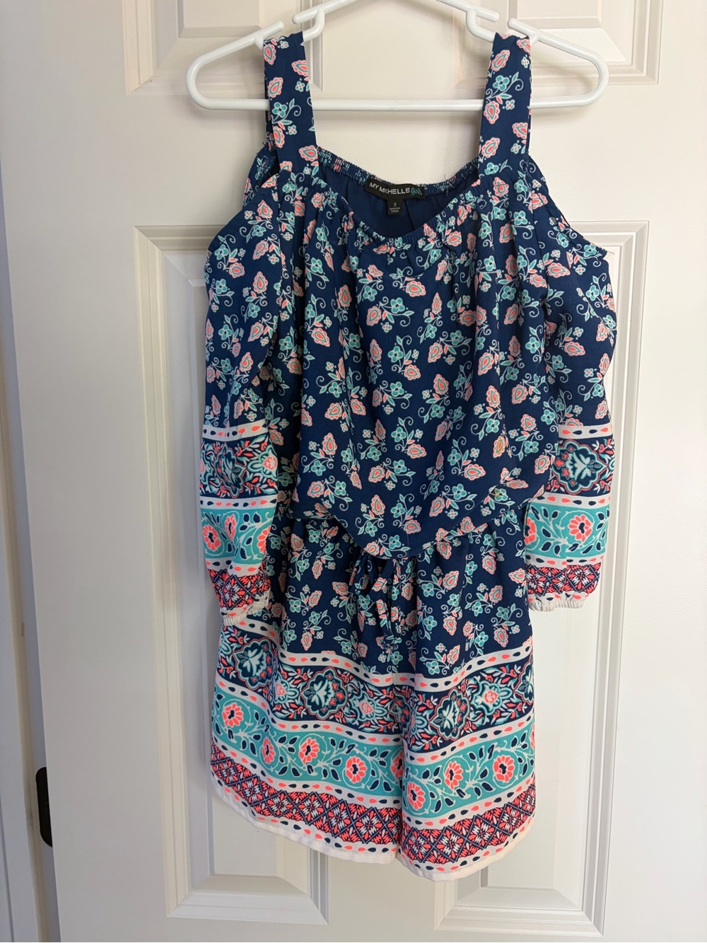 My Michelle Navy Floral Cold-Shoulder Romper with Teal & Pink Accents size small